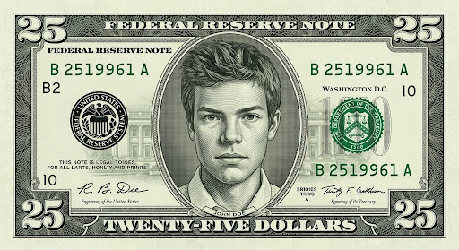 Novelty twenty-five dollar bill featuring CJ Valluzzo's portrait