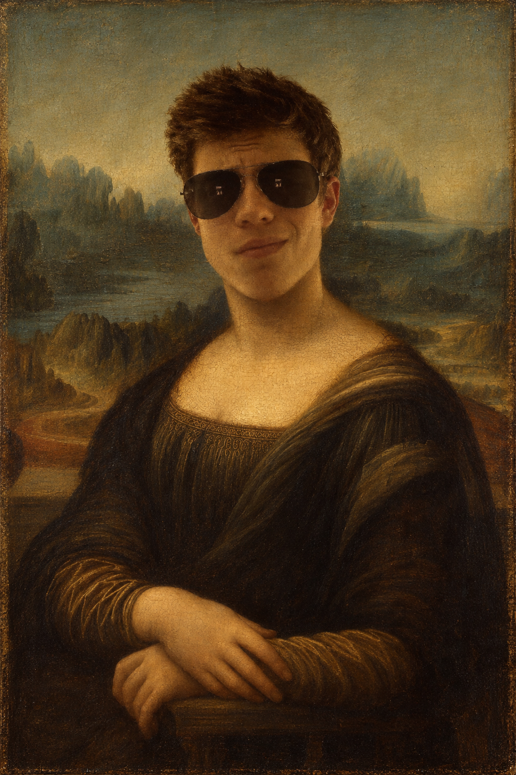 The Mona Lisa reimagined with CJ Valluzzo's face and aviator sunglasses