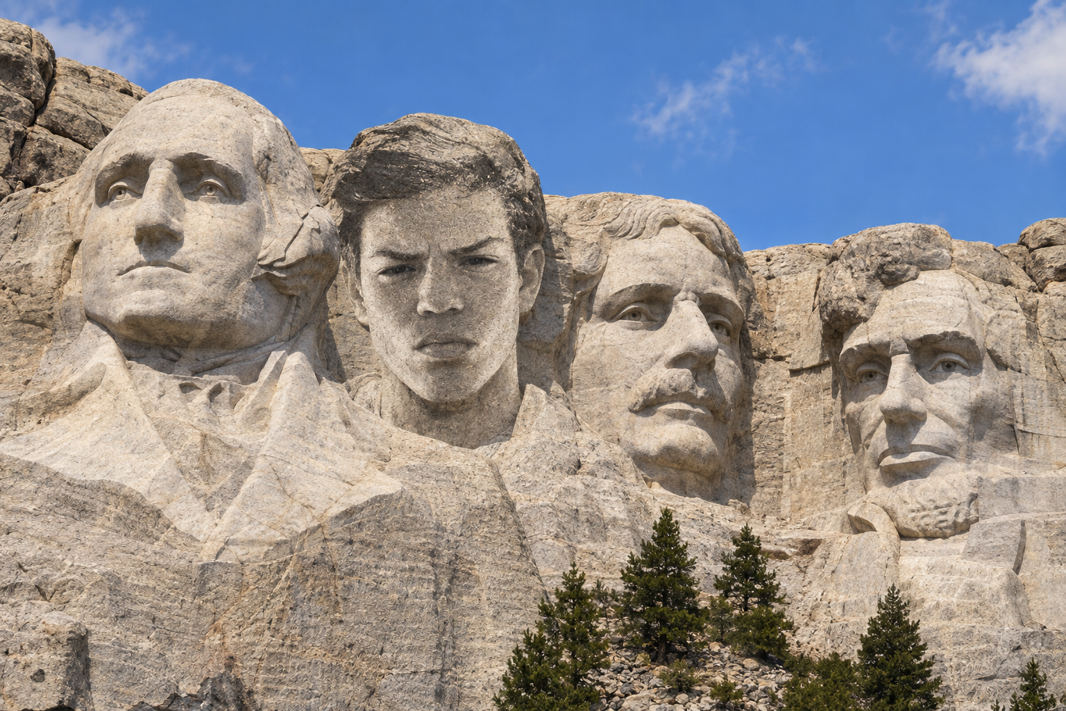 CJ Valluzzo's face carved into Mount Rushmore alongside the presidents